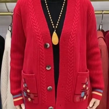 Cardigan damă, croială lejeră, guler V, fibră de vâscoză, model floral vegetal