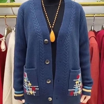 Cardigan damă, croială lejeră, guler V, fibră de vâscoză, model floral vegetal