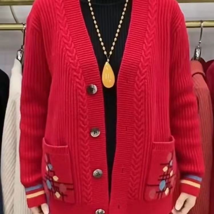 Cardigan damă, croială lejeră, guler V, fibră de vâscoză, model floral vegetal