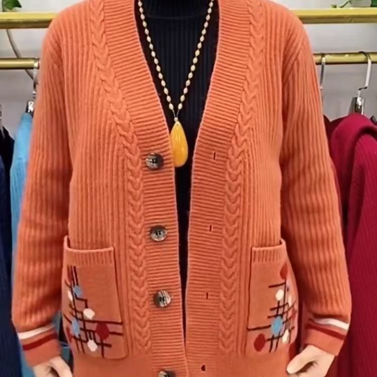 Cardigan damă, croială lejeră, guler V, fibră de vâscoză, model floral vegetal