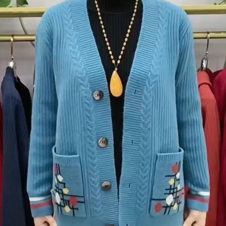Cardigan damă, croială lejeră, guler V, fibră de vâscoză, model floral vegetal