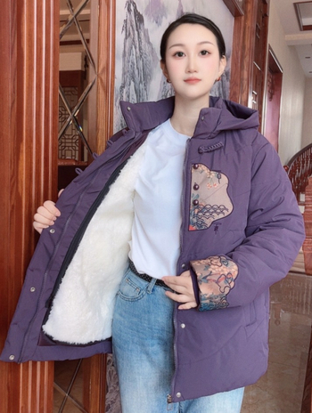 Palton de damă din lână 95%+, cu blană integrată, croială normală, guler înalt, fermoar, umplutură din acrilic și bumbac