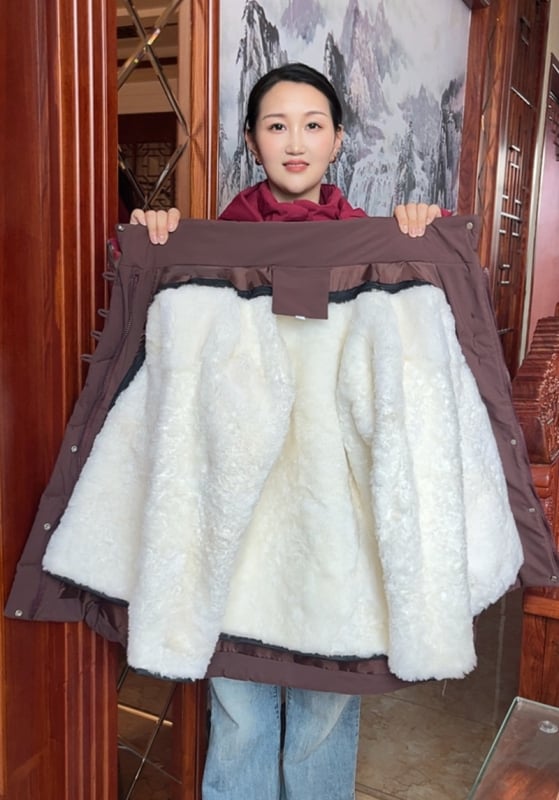 Palton de damă din lână 95%+, cu blană integrată, croială normală, guler înalt, fermoar, umplutură din acrilic și bumbac