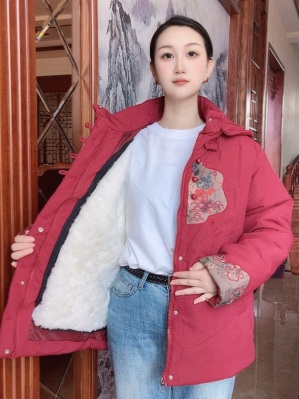 Palton de damă din lână 95%+, cu blană integrată, croială normală, guler înalt, fermoar, umplutură din acrilic și bumbac