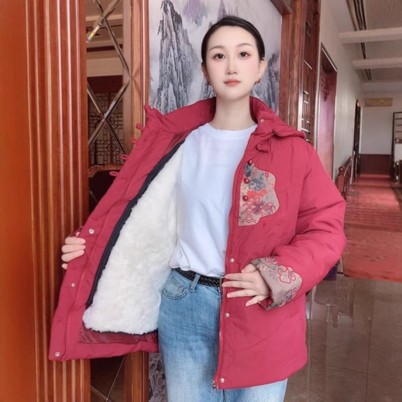 Palton de damă din lână 95%+, cu blană integrată, croială normală, guler înalt, fermoar, umplutură din acrilic și bumbac