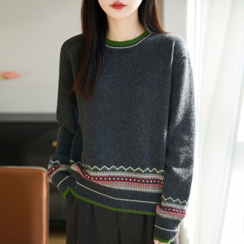 Pulover tricotat pentru femei, design în blocuri, guler rotund, mâneci lungi, croială lejeră