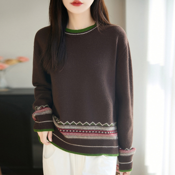 Pulover tricotat pentru femei, design în blocuri, guler rotund, mâneci lungi, croială lejeră