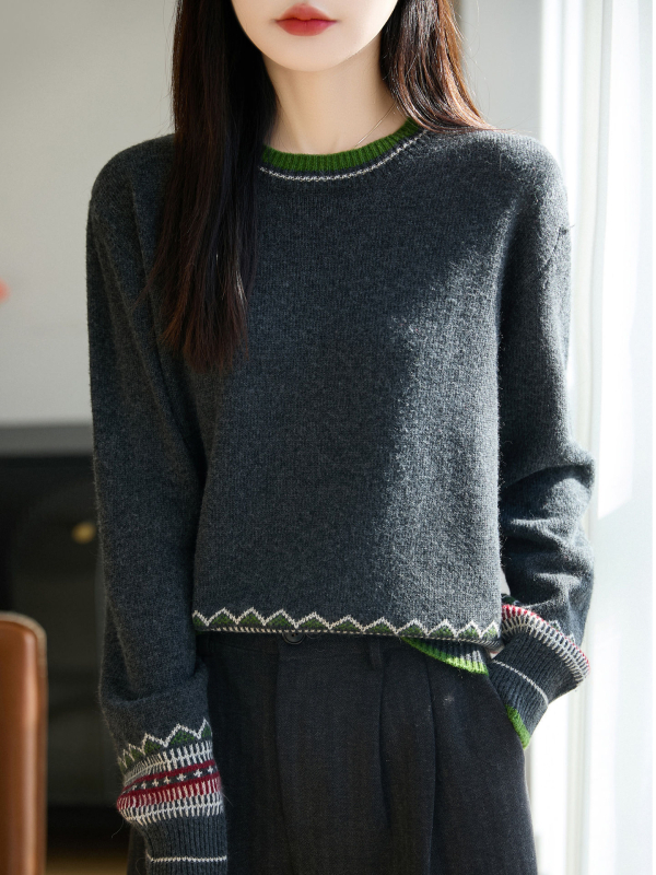 Pulover tricotat pentru femei, design în blocuri, guler rotund, mâneci lungi, croială lejeră