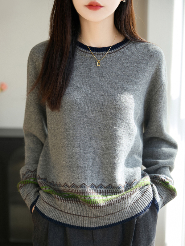 Pulover tricotat pentru femei, design în blocuri, guler rotund, mâneci lungi, croială lejeră
