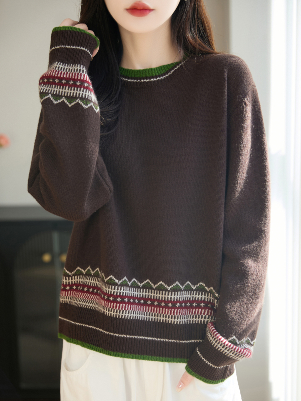 Pulover tricotat pentru femei, design în blocuri, guler rotund, mâneci lungi, croială lejeră