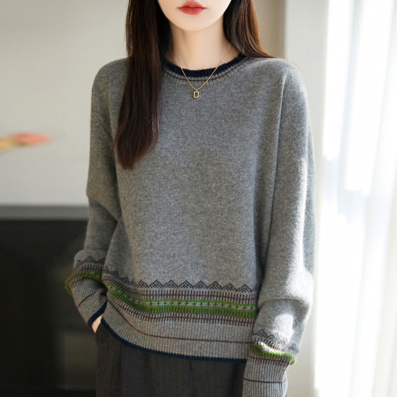 Pulover tricotat pentru femei, design în blocuri, guler rotund, mâneci lungi, croială lejeră