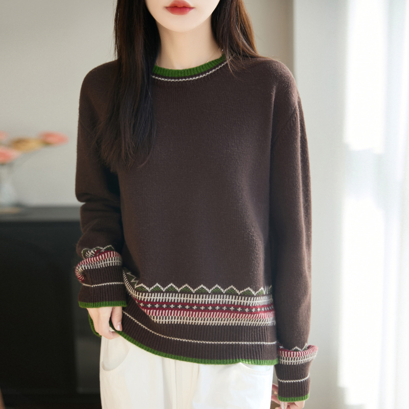 Pulover tricotat pentru femei, design în blocuri, guler rotund, mâneci lungi, croială lejeră