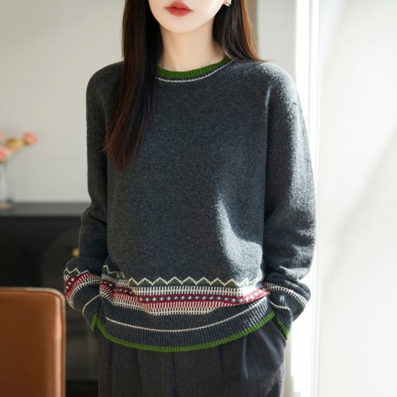 Pulover tricotat pentru femei, design în blocuri, guler rotund, mâneci lungi, croială lejeră
