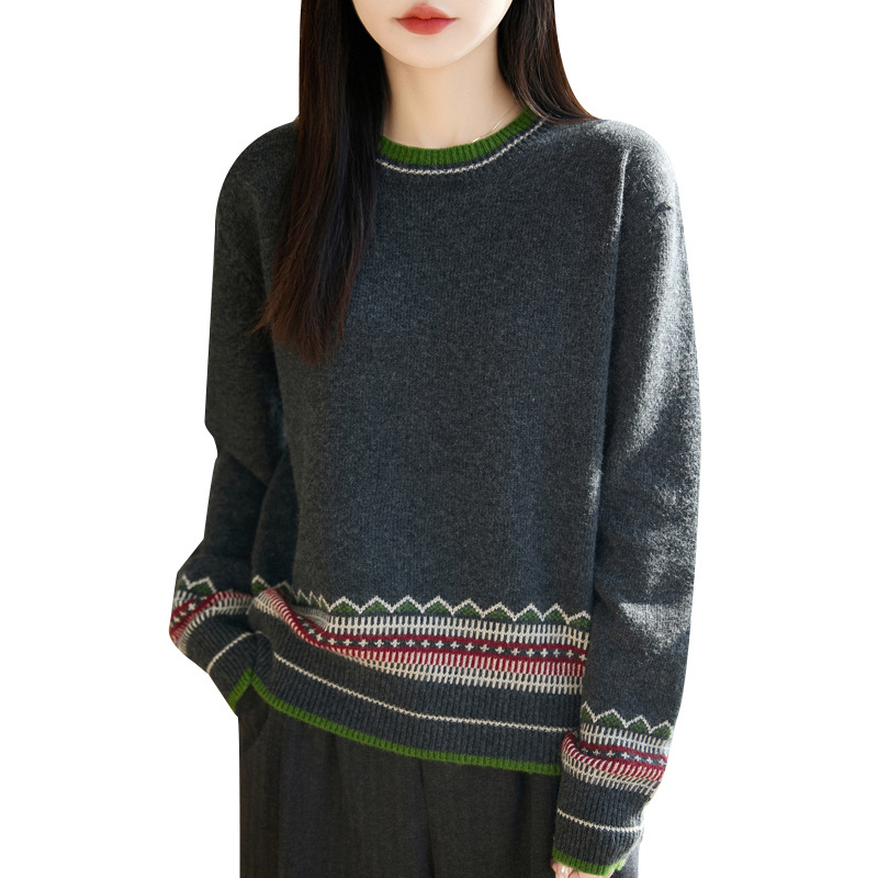 Pulover tricotat pentru femei, design în blocuri, guler rotund, mâneci lungi, croială lejeră