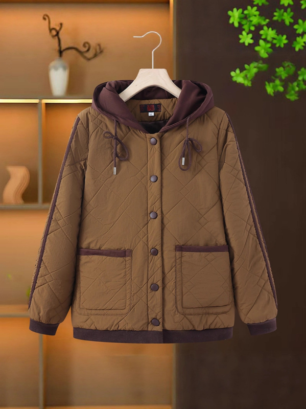 Παλτό με κουκούλα από βαμβάκι-γέμισμα, casual χειμερινό μπουφάν με φερμουάρ, μεσαίου μήκους (50-65 cm), άνετη γραμμή; εξωτερικό ύφασμα 70-80% κύριο και 30-50% δευτερεύον, γέμισμα: μίμηση μεταξιού-βαμβάκι