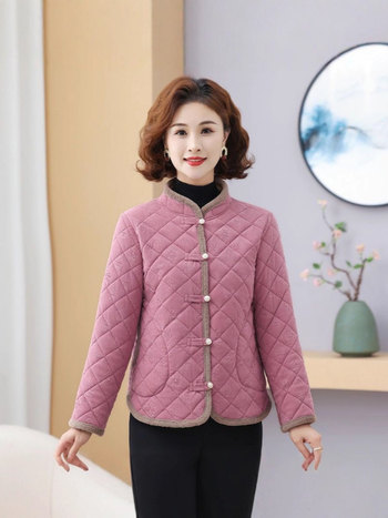 Geacă damă groasă în carouri, guler din blană de iepure, căptușeală poliester-bumbac