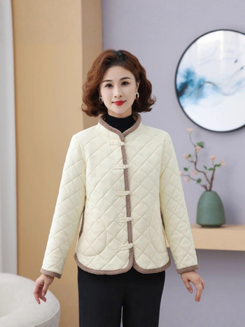 Geacă damă groasă în carouri, guler din blană de iepure, căptușeală poliester-bumbac