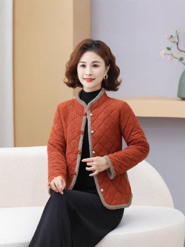 Geacă damă groasă în carouri, guler din blană de iepure, căptușeală poliester-bumbac