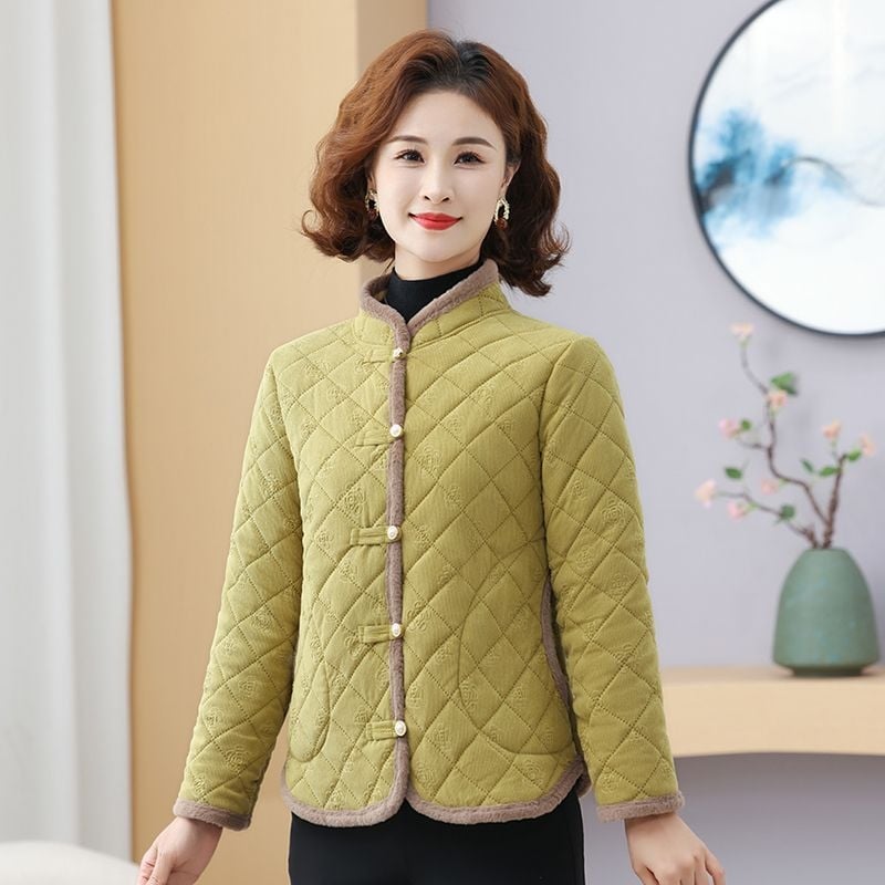 Geacă damă groasă în carouri, guler din blană de iepure, căptușeală poliester-bumbac