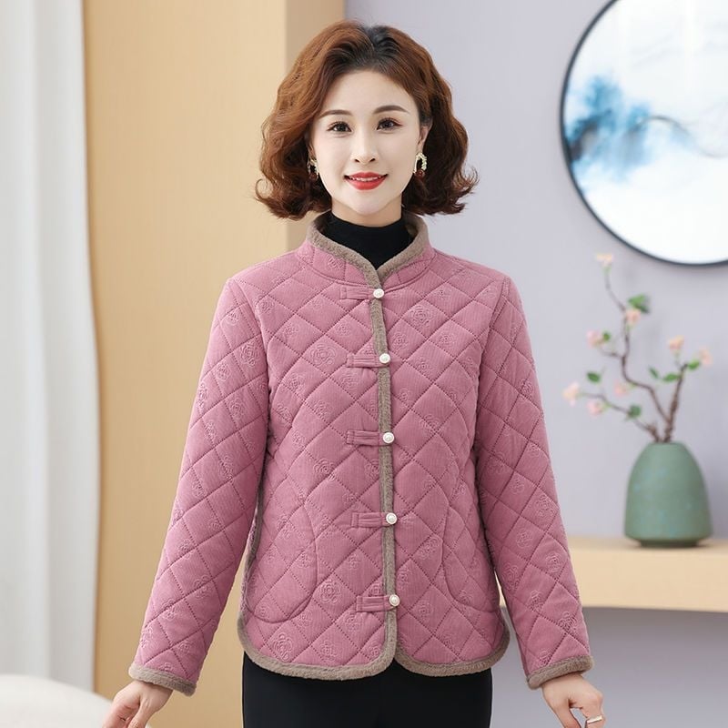 Geacă damă groasă în carouri, guler din blană de iepure, căptușeală poliester-bumbac