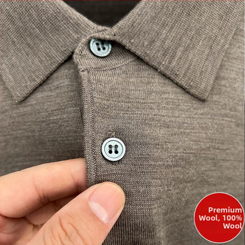 Vīriešu džemperis no 100% worsted vilnas, mazgāšana veļas mazgājamā mašīnā, garas piedurknes, adīts polo ar reveru, vidējais garums