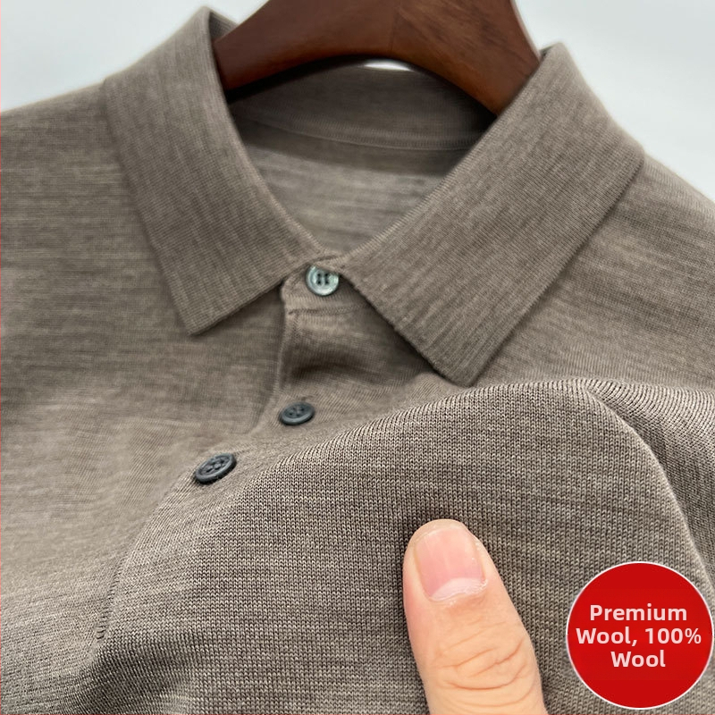 Vīriešu džemperis no 100% worsted vilnas, mazgāšana veļas mazgājamā mašīnā, garas piedurknes, adīts polo ar reveru, vidējais garums