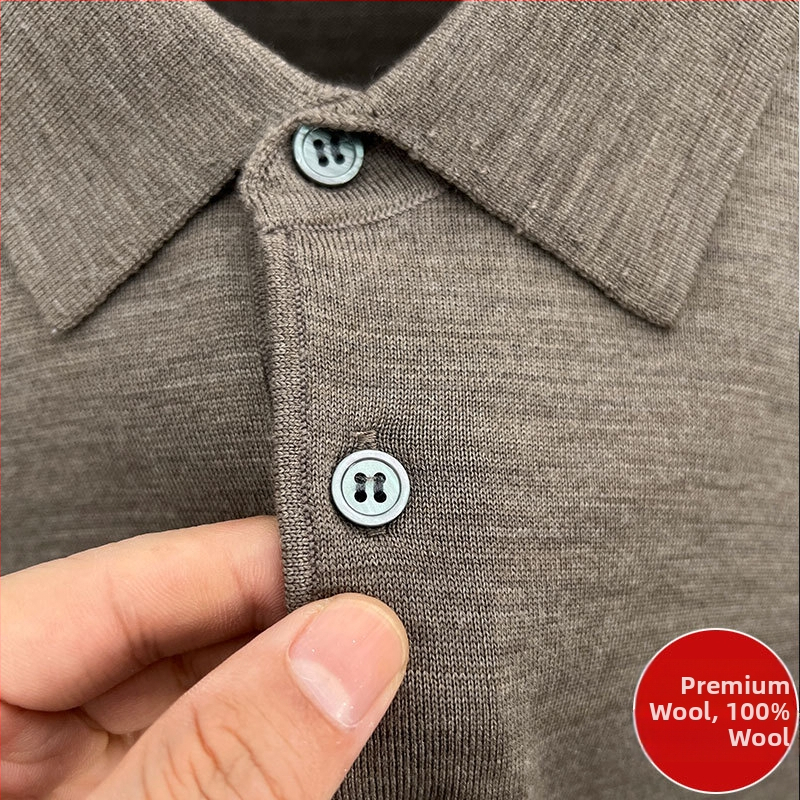 Vīriešu džemperis no 100% worsted vilnas, mazgāšana veļas mazgājamā mašīnā, garas piedurknes, adīts polo ar reveru, vidējais garums