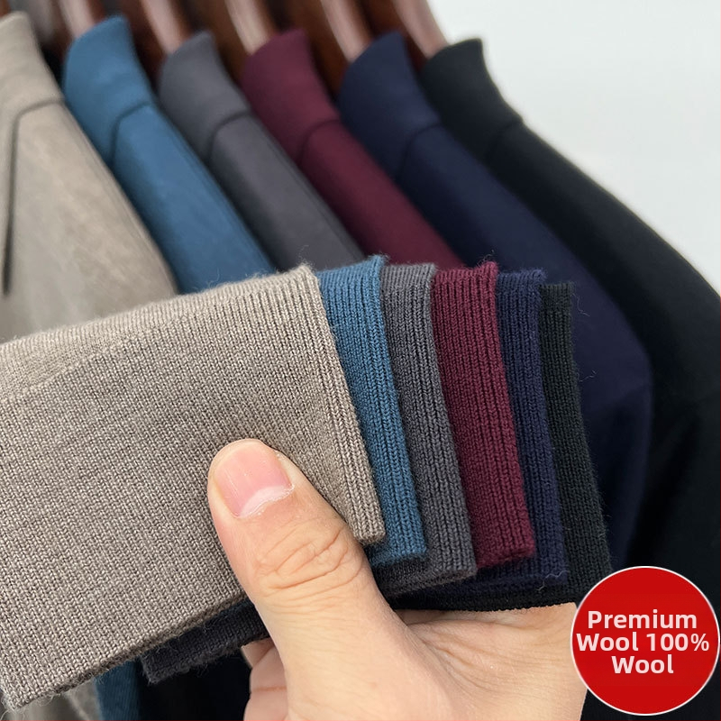 Vīriešu džemperis no 100% worsted vilnas, mazgāšana veļas mazgājamā mašīnā, garas piedurknes, adīts polo ar reveru, vidējais garums