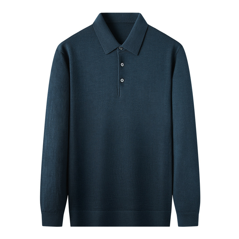 Vīriešu džemperis no 100% worsted vilnas, mazgāšana veļas mazgājamā mašīnā, garas piedurknes, adīts polo ar reveru, vidējais garums