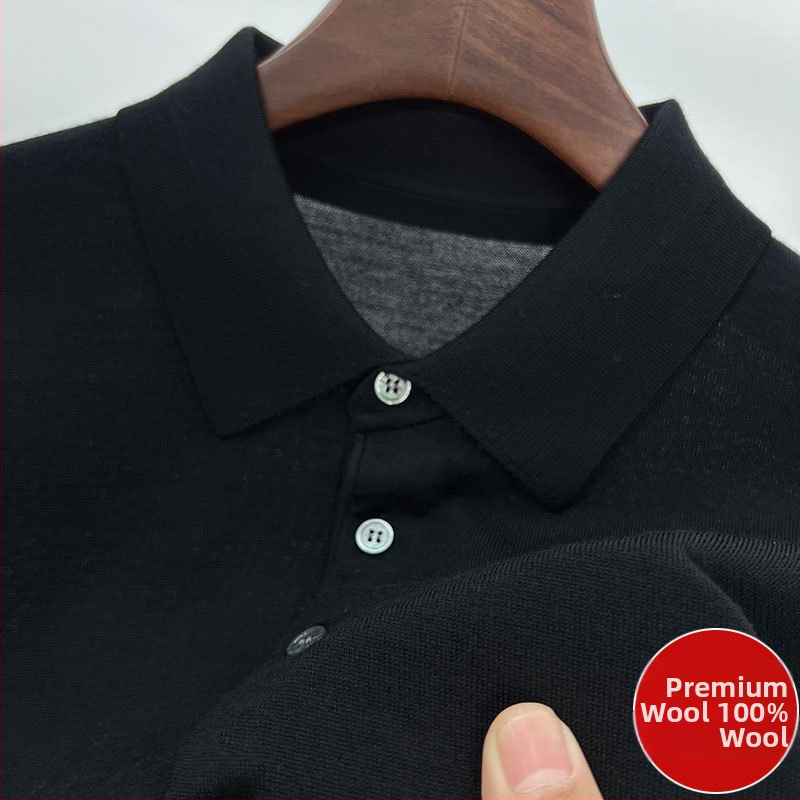 Vīriešu džemperis no 100% worsted vilnas, mazgāšana veļas mazgājamā mašīnā, garas piedurknes, adīts polo ar reveru, vidējais garums