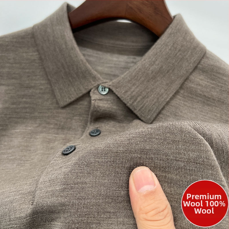 Vīriešu džemperis no 100% worsted vilnas, mazgāšana veļas mazgājamā mašīnā, garas piedurknes, adīts polo ar reveru, vidējais garums