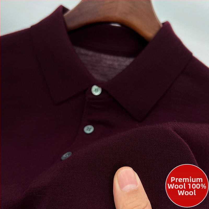 Vīriešu džemperis no 100% worsted vilnas, mazgāšana veļas mazgājamā mašīnā, garas piedurknes, adīts polo ar reveru, vidējais garums