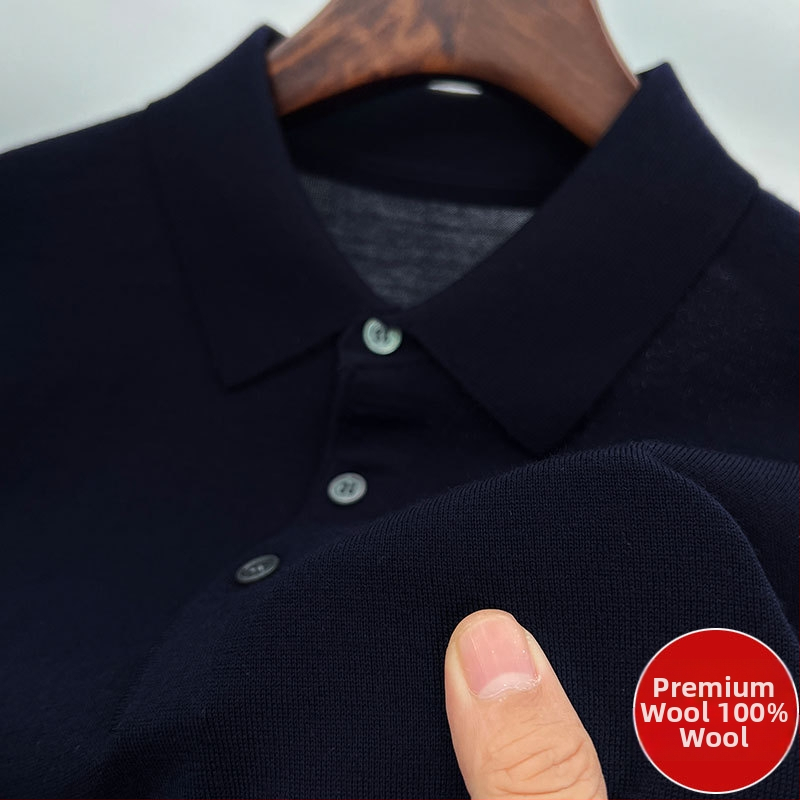 Vīriešu džemperis no 100% worsted vilnas, mazgāšana veļas mazgājamā mašīnā, garas piedurknes, adīts polo ar reveru, vidējais garums