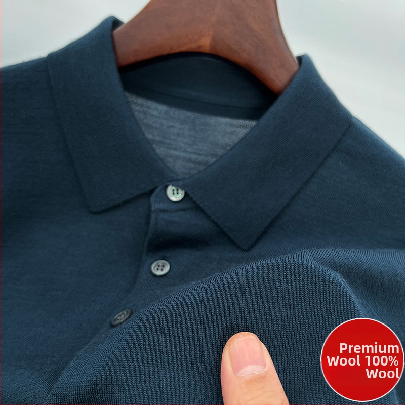 Vīriešu džemperis no 100% worsted vilnas, mazgāšana veļas mazgājamā mašīnā, garas piedurknes, adīts polo ar reveru, vidējais garums