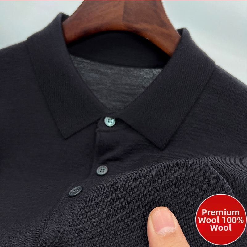 Vīriešu džemperis no 100% worsted vilnas, mazgāšana veļas mazgājamā mašīnā, garas piedurknes, adīts polo ar reveru, vidējais garums