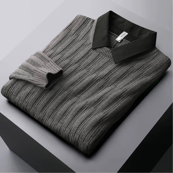 Férfi slim pulóver galléros, vastagított jacquard kötött, poliészter-szál keverék