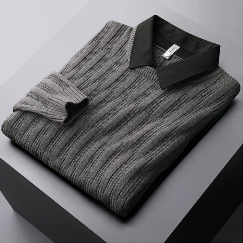 Férfi slim pulóver galléros, vastagított jacquard kötött, poliészter-szál keverék