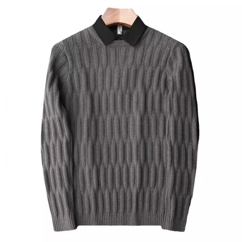 Férfi slim pulóver galléros, vastagított jacquard kötött, poliészter-szál keverék
