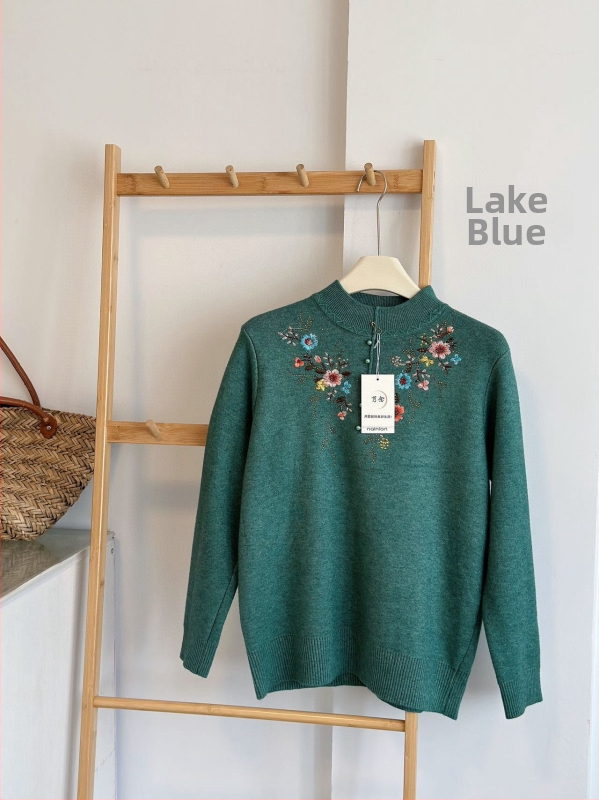 Moteriškas megztinis su siuvinėjimu, gėlių raštas, pusiau kaklo apykaklė, ilgomis rankovėmis, poliesterio-elastano audinys