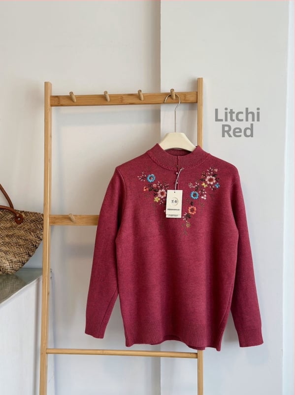 Moteriškas megztinis su siuvinėjimu, gėlių raštas, pusiau kaklo apykaklė, ilgomis rankovėmis, poliesterio-elastano audinys