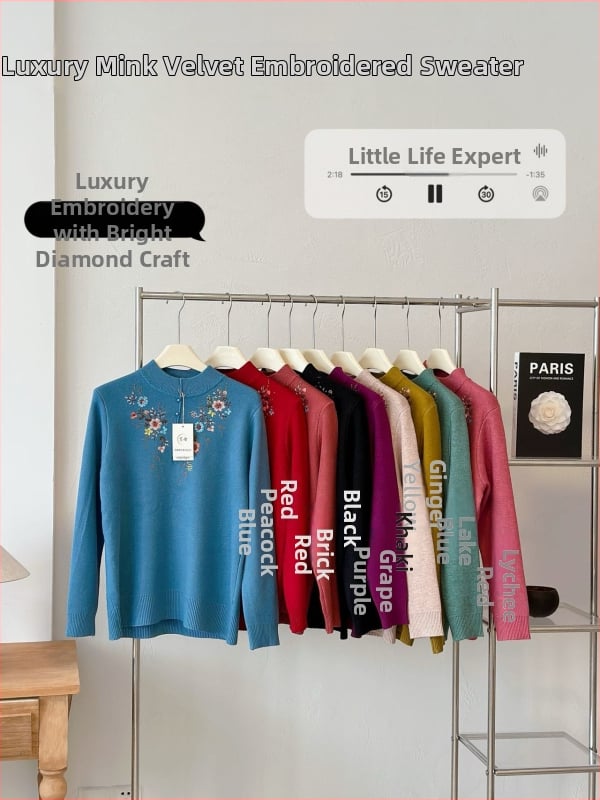 Moteriškas megztinis su siuvinėjimu, gėlių raštas, pusiau kaklo apykaklė, ilgomis rankovėmis, poliesterio-elastano audinys