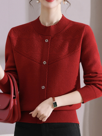 Megztas topas su fliso pamušalu ir žakardo raštu, Fiber Velvet Yarn audinys, nailono-akrilų mišinys, pusaukštas kaklas, ilgos rankovės