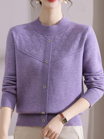 Megztas topas su fliso pamušalu ir žakardo raštu, Fiber Velvet Yarn audinys, nailono-akrilų mišinys, pusaukštas kaklas, ilgos rankovės