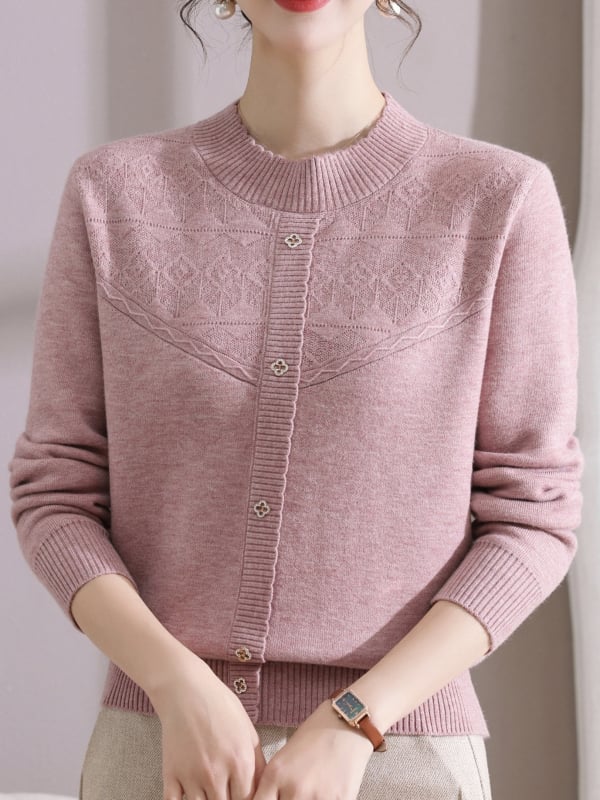 Megztas topas su fliso pamušalu ir žakardo raštu, Fiber Velvet Yarn audinys, nailono-akrilų mišinys, pusaukštas kaklas, ilgos rankovės