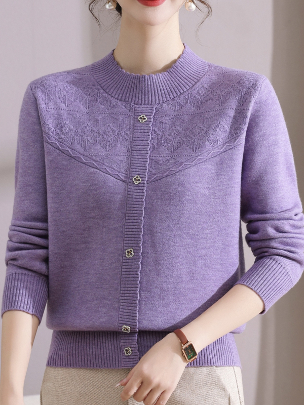 Megztas topas su fliso pamušalu ir žakardo raštu, Fiber Velvet Yarn audinys, nailono-akrilų mišinys, pusaukštas kaklas, ilgos rankovės