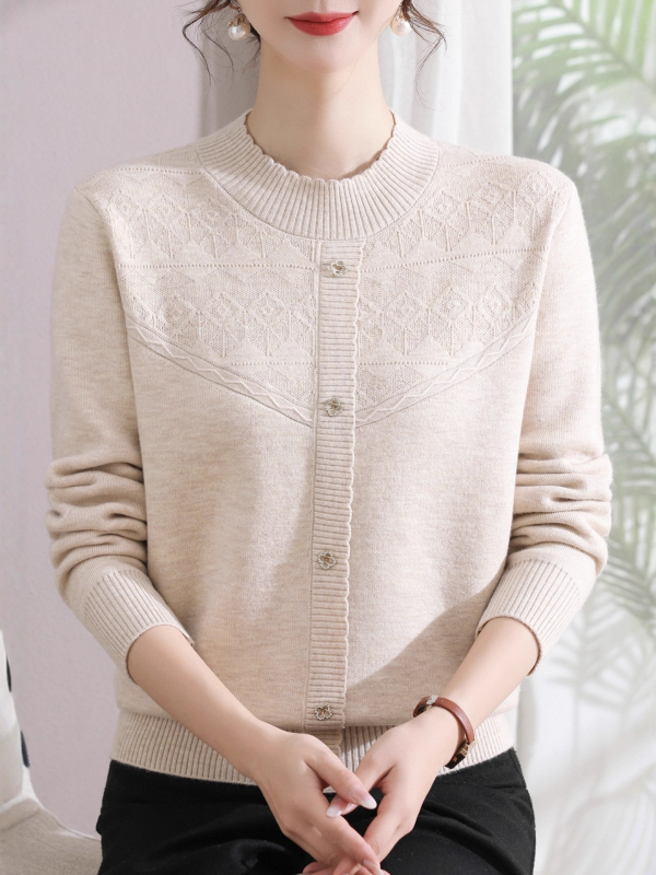 Megztas topas su fliso pamušalu ir žakardo raštu, Fiber Velvet Yarn audinys, nailono-akrilų mišinys, pusaukštas kaklas, ilgos rankovės