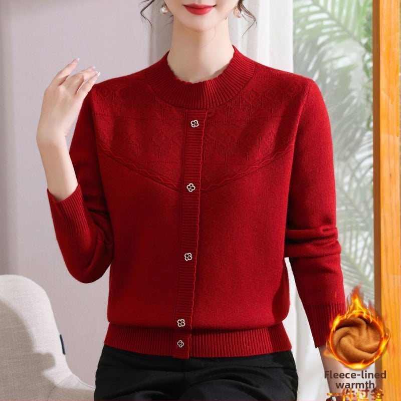 Megztas topas su fliso pamušalu ir žakardo raštu, Fiber Velvet Yarn audinys, nailono-akrilų mišinys, pusaukštas kaklas, ilgos rankovės