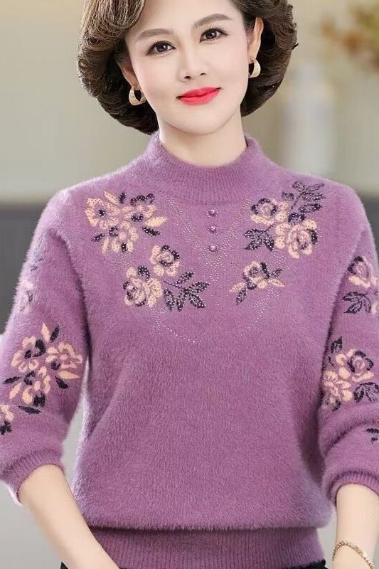 Storas fleece įlietas megztinis brandaus amžiaus moterims, laisvas siluetas, apvalus kaklo iškirptė, 3/4 rankovės