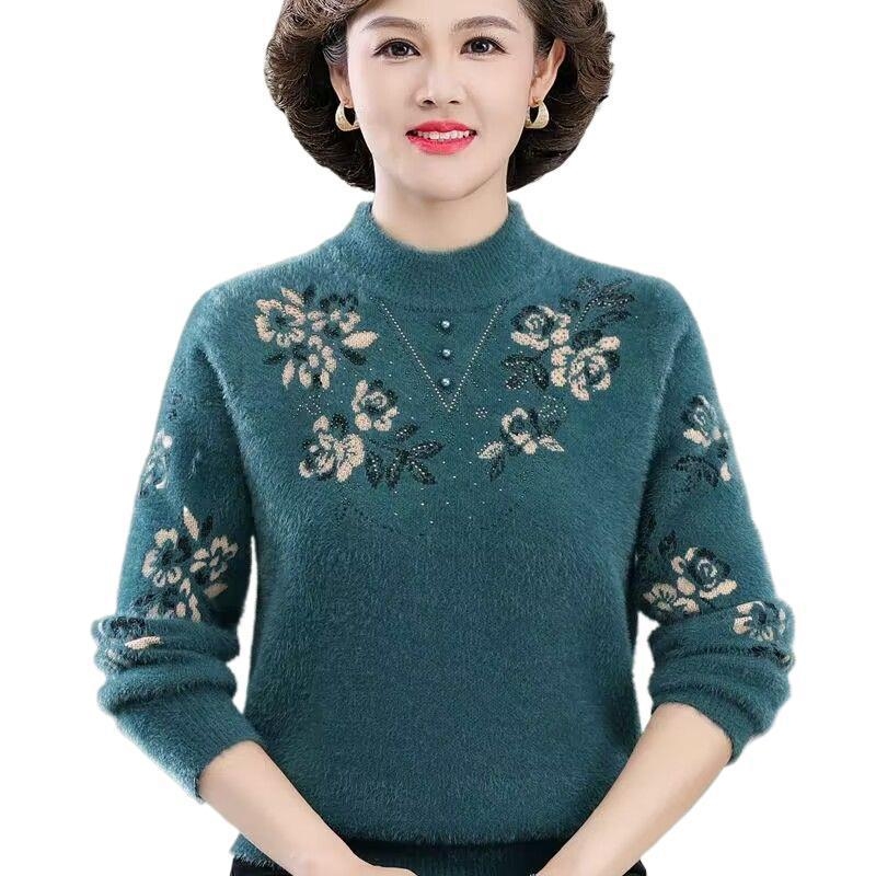 Storas fleece įlietas megztinis brandaus amžiaus moterims, laisvas siluetas, apvalus kaklo iškirptė, 3/4 rankovės