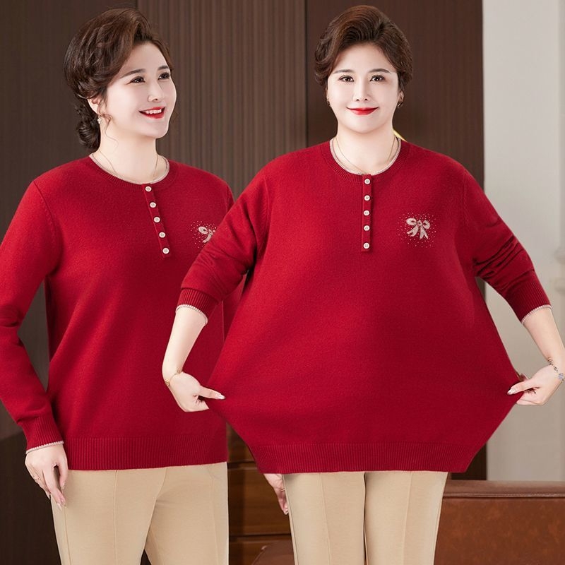 Megzta palaidinė vyresnėms moterims su apvaliu kaklu, 3/4 rankovės, laisvas kirpimas, siuvinėjimas ir sagos